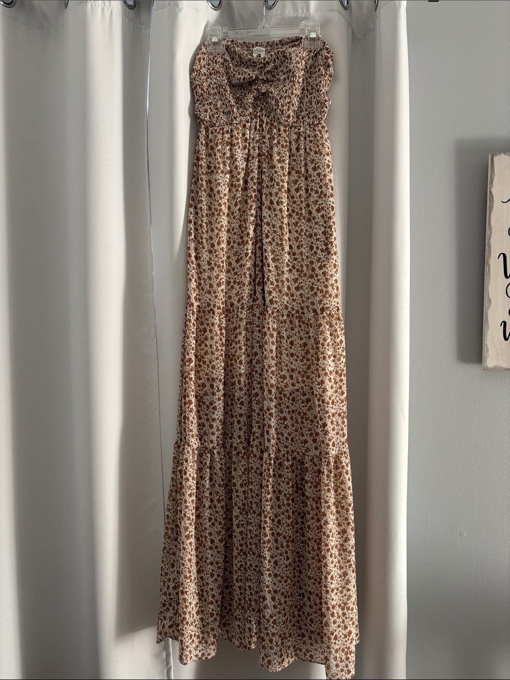 Smocked Strapless Maxi Dress in Cream Brown Floral